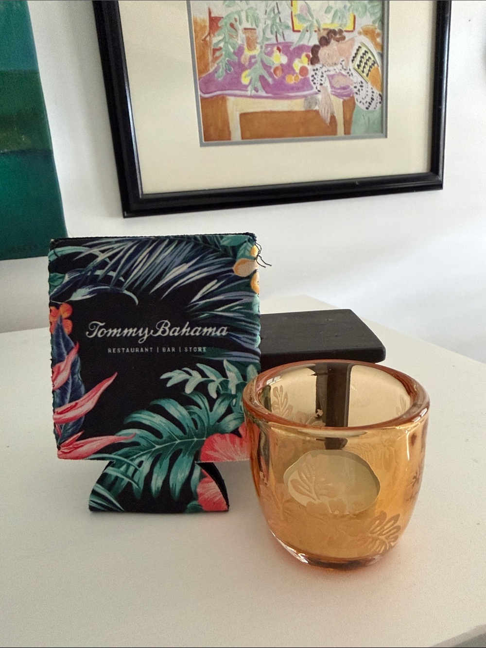 Tommy Bahama Jacquard Tea Light Orange Glass Candle Holder and a Drinks Cozy